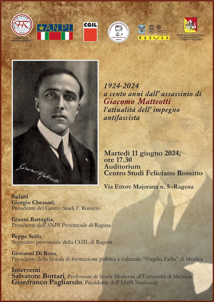 Ragusa: il Centro Studi F. Rossitto ricorda l'assassinio di Giacomo Matteotti